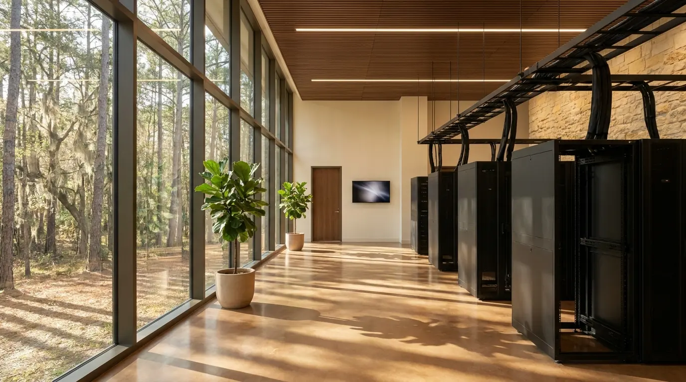 Two racks of compute units in a small secure room off a brick corridor.