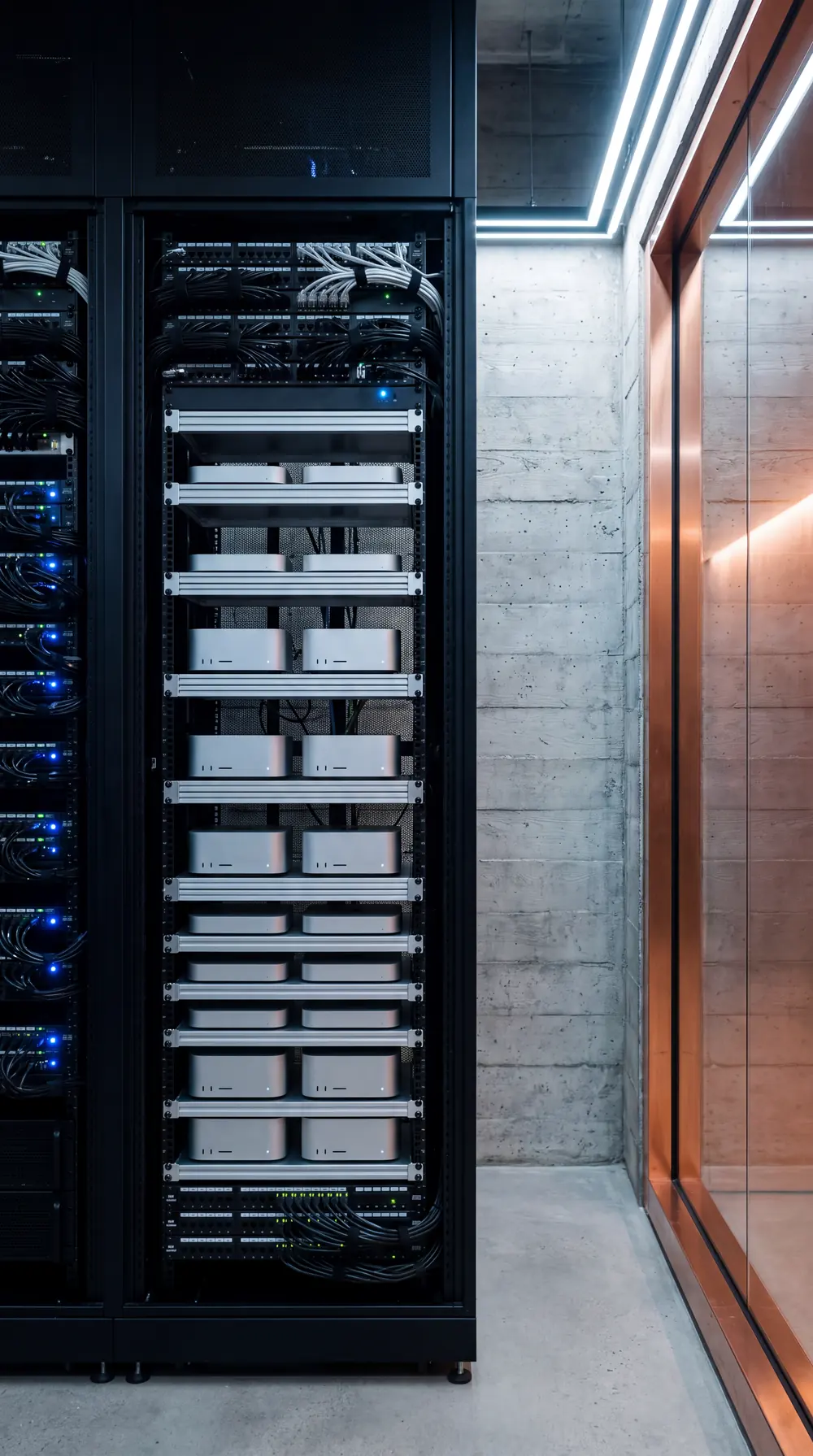 Compute units seated on aluminum trays in a rack against a board-formed concrete wall.