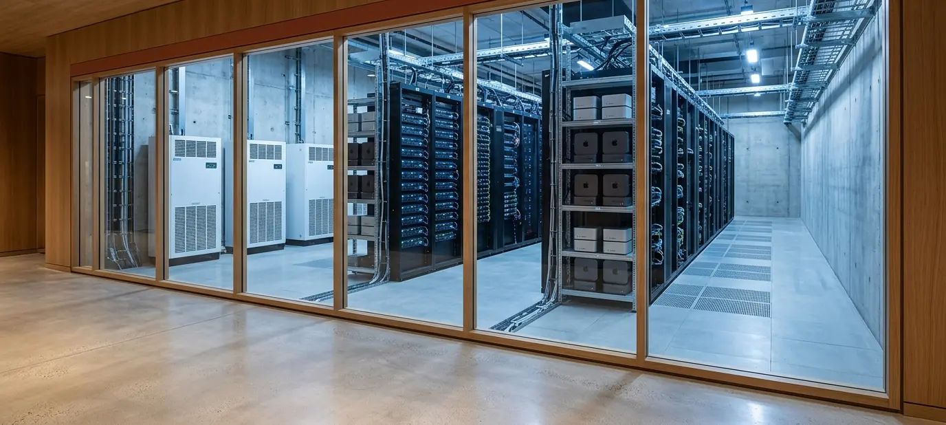 A wood-lined corridor looking through glazing into an equipment hall.
