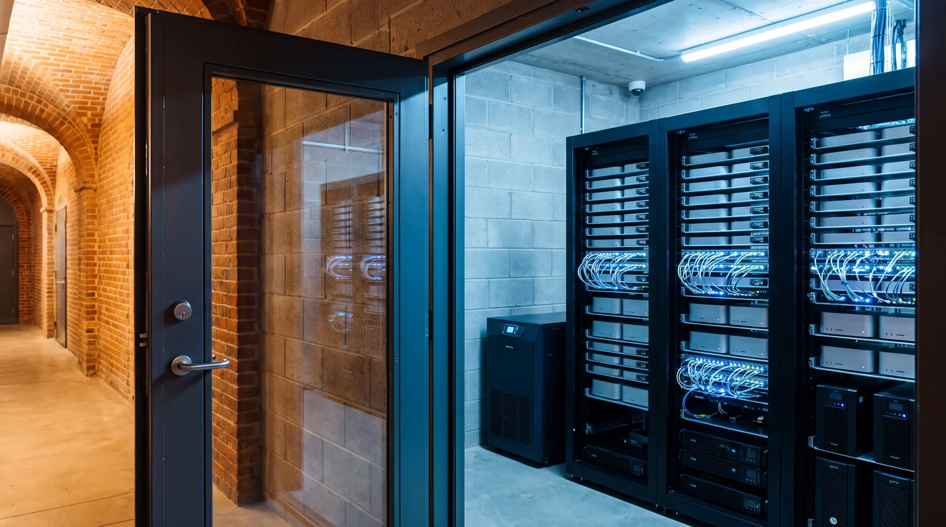 A rack of compute units in a secure room, seen from a warm brick corridor.