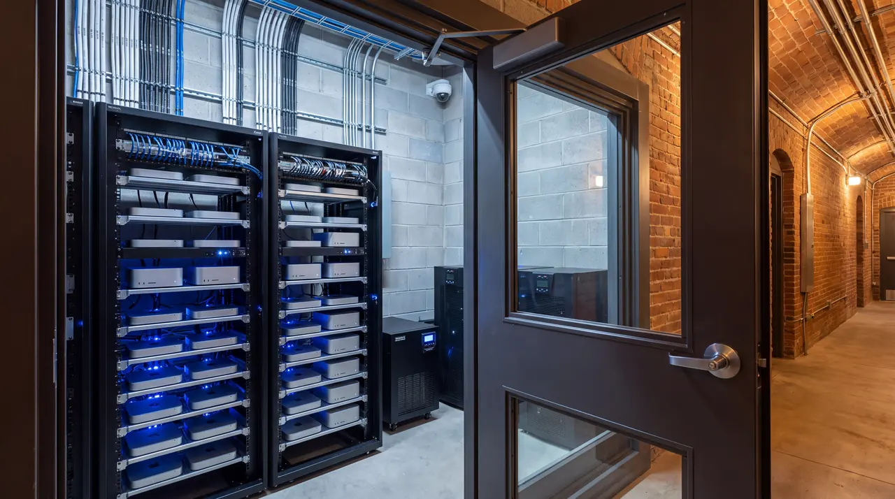 A daylit equipment room with racks along one wall and forest visible through full-height glazing.